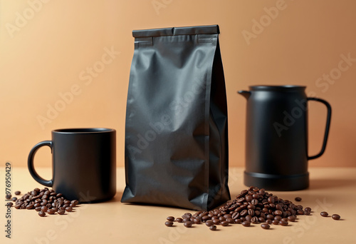 A coffee concept prepared for mockup, with a black coffee package with coffee beans on table	
 photo