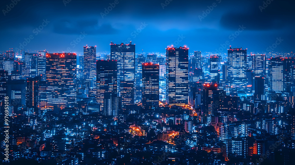 A panoramic view of a city skyline at night, with tall buildings lit up and a dark blue sky above. A panoramic view of a city skyline at night, with tall buildings lit up and a dark blue sky above.
