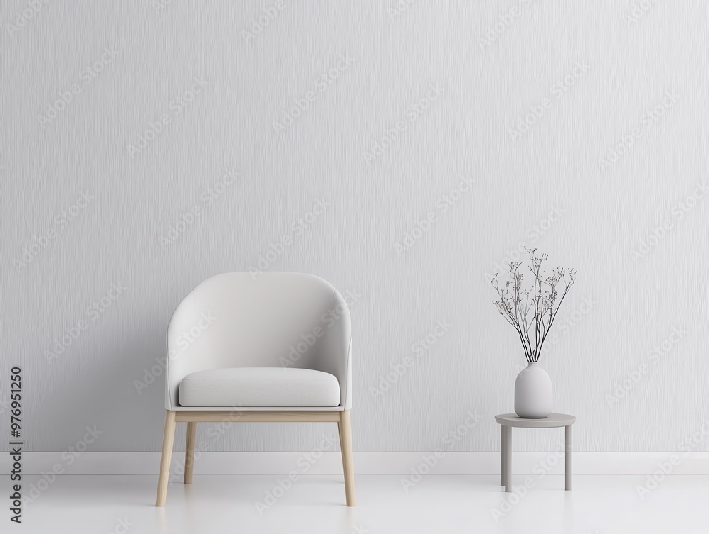Fototapeta premium A minimalist interior featuring a white chair and a decorative vase against a textured light gray wall.