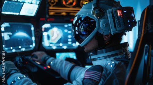 A spaceman using advanced virtual reality equipment to simulate space missions and training exercises.