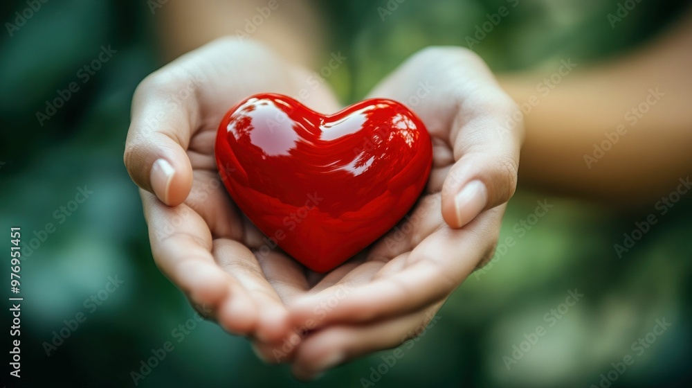 Hands holding a shiny red heart symbolizing love and care Hands holding a shiny red heart symbolizing love and care