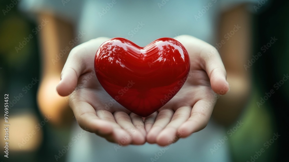 Hands holding a shiny red heart symbolizing love and care Hands holding a shiny red heart symbolizing love and care