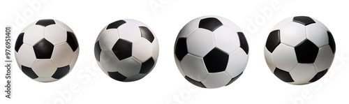 Collection of four soccer balls in different sizes, ideal for sports, soccer training, or athletic themes. photo