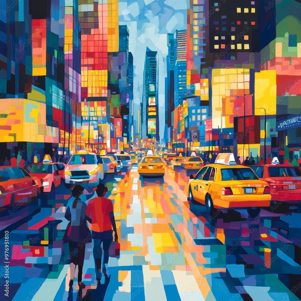 Obraz premium Abstract Cityscape with Yellow Taxis and People Walking