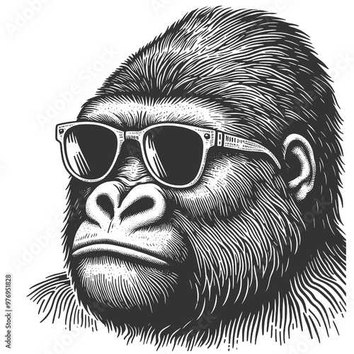 gorilla in sunglasses, playful and stylish theme with detailed line work for a cool and trendy look sketch engraving generative ai raster illustration. Scratch board imitation. Black and white image. photo