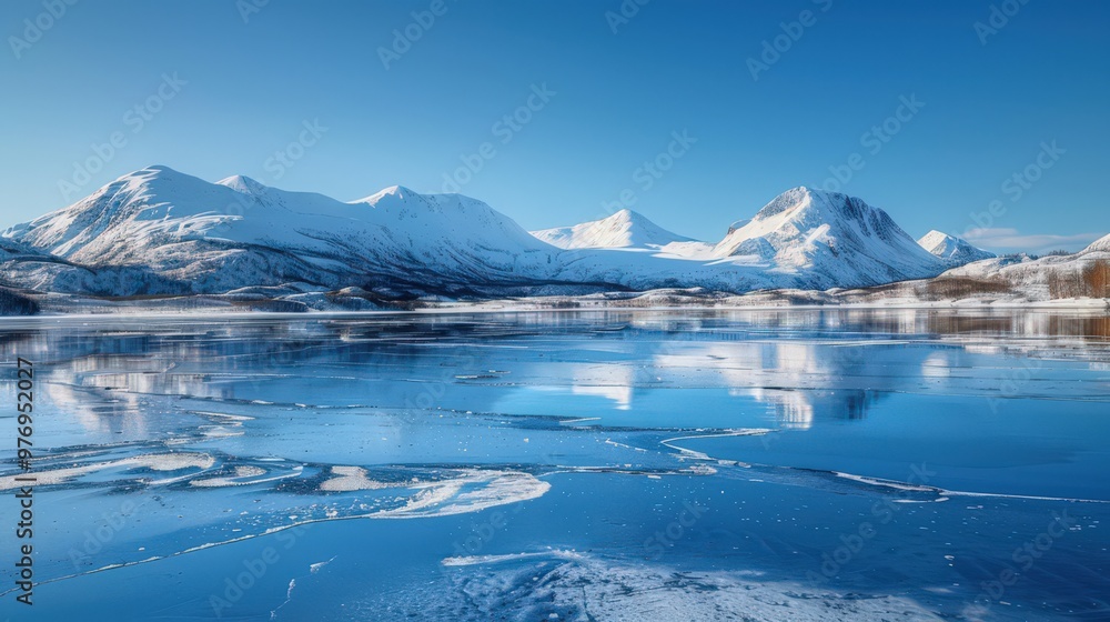 Naklejka premium A stunning snowscape showing a frozen lake surrounded by snow-capped mountains, with a clear blue sky reflecting off the ice.