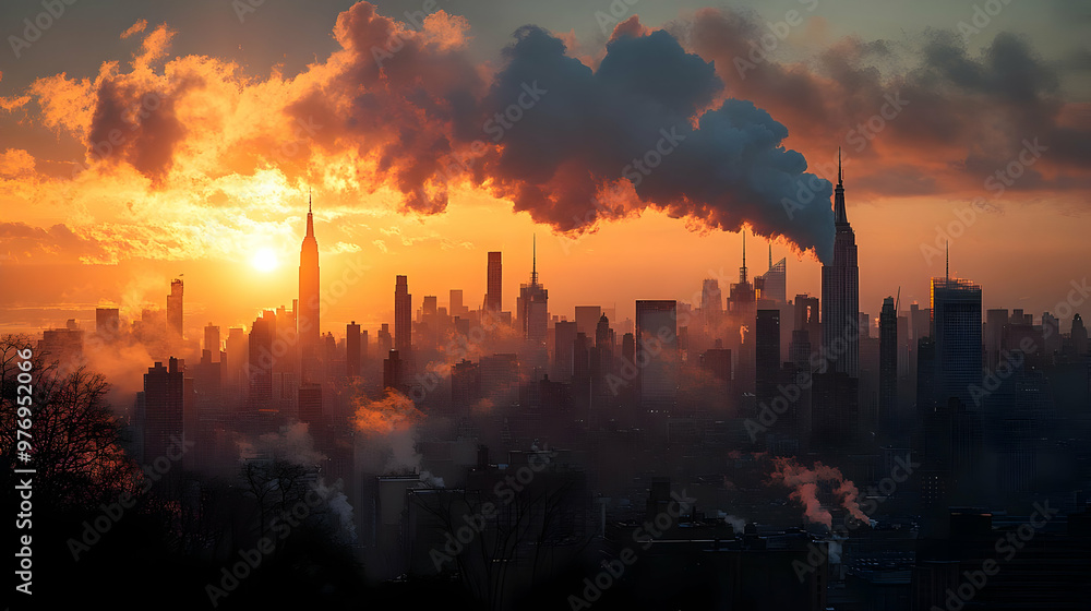 A panoramic view of a city skyline at sunrise, with a large plume of smoke rising from a building in the foreground. The sun is just peeking over the horizon, casting a warm orange glow on the clouds. A panoramic view of a city skyline at sunrise, with a large plume of smoke rising from a building in the foreground. The sun is just peeking over the horizon, casting a warm orange glow on the clouds.