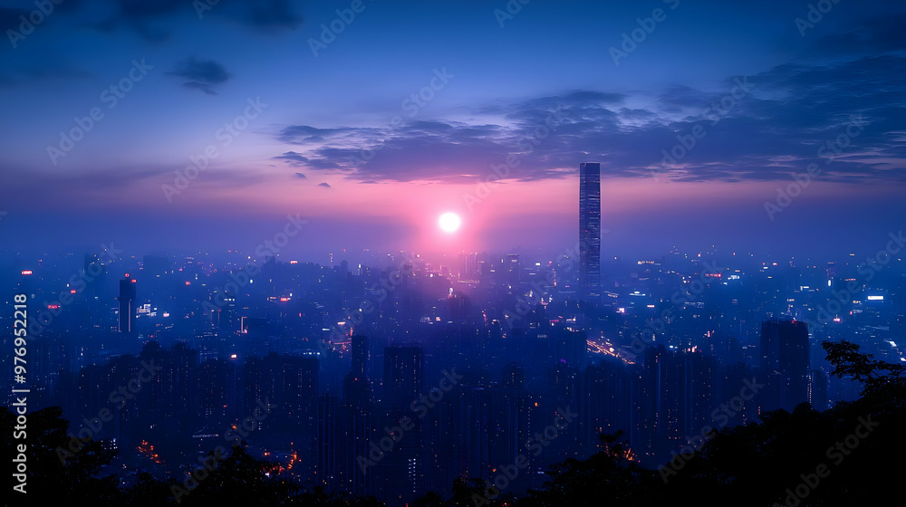 Fototapeta premium A panoramic view of a city skyline at sunrise, with a tall skyscraper silhouetted against the rising sun.