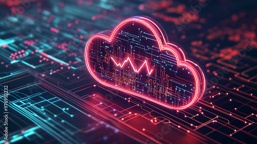 Cloud icon with heartbeat on digital background symbolizes health data security photo