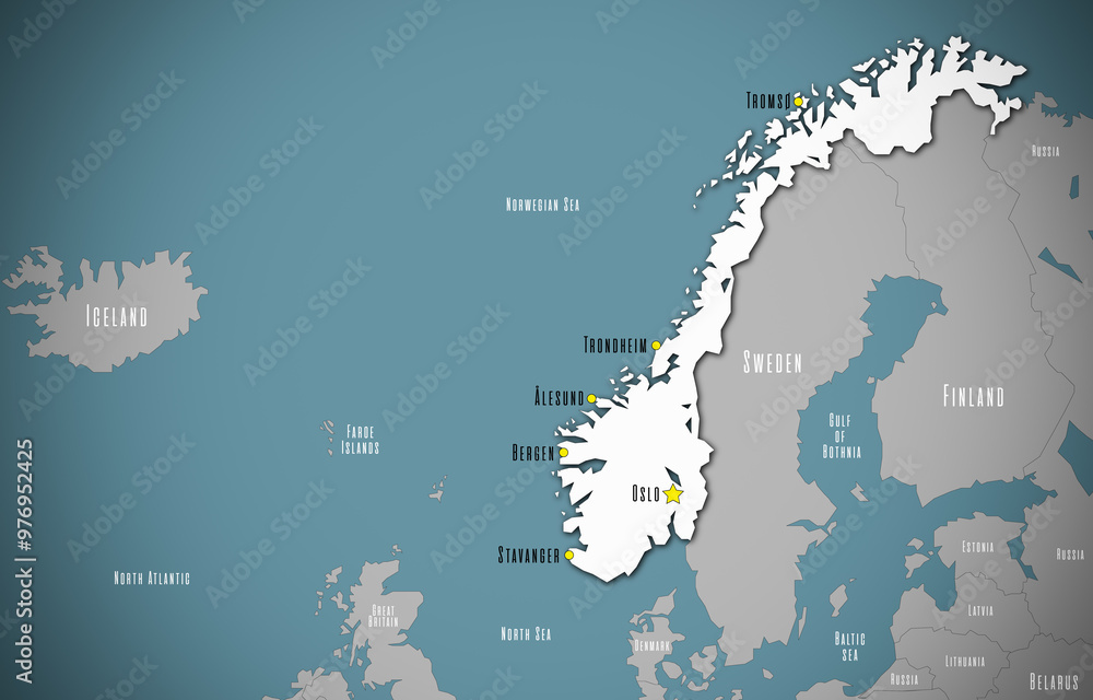 Map of Norway. The capital and major cities are marked.