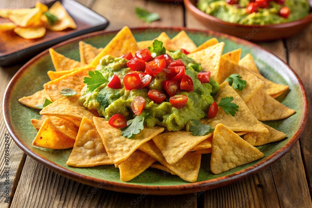 Crispy corn chips served with guacamole on a plate. Ideal for food blogs, appetizers, and culinary marketing. Crispy corn chips served with guacamole on a plate. Ideal for food blogs, appetizers, and culinary marketing.