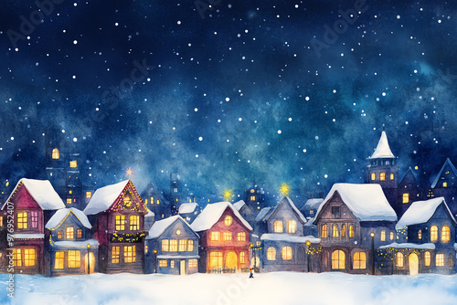 Wallpaper Mural A watercolor Christmas village with neon-infused lights and snow-capped rooftops, set against a starry night sky Torontodigital.ca