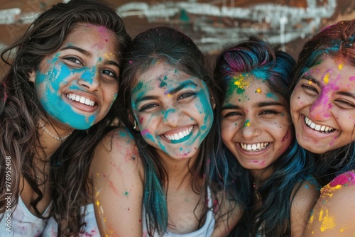 Group of happy smiling young women with colorful faces wearing colorful Holi festival outfits.