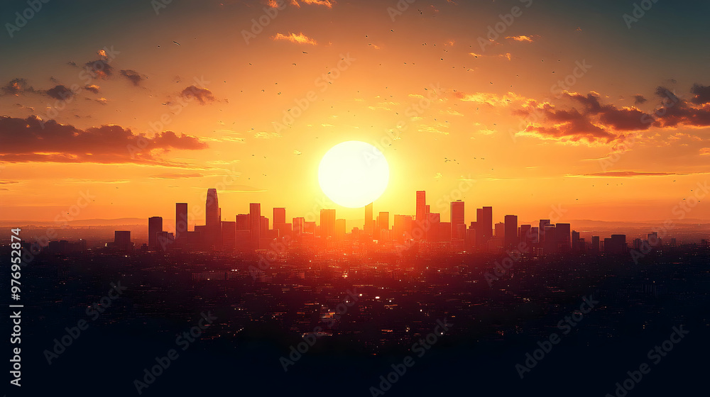 Fototapeta premium A panoramic view of a city skyline at sunset with a large, bright sun in the center of the frame. The buildings are silhouetted against the orange and yellow sky.