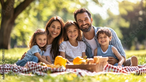 A cheerful family of five smiling while having a picnic in a sunny park, surrounded by nature and greenery.