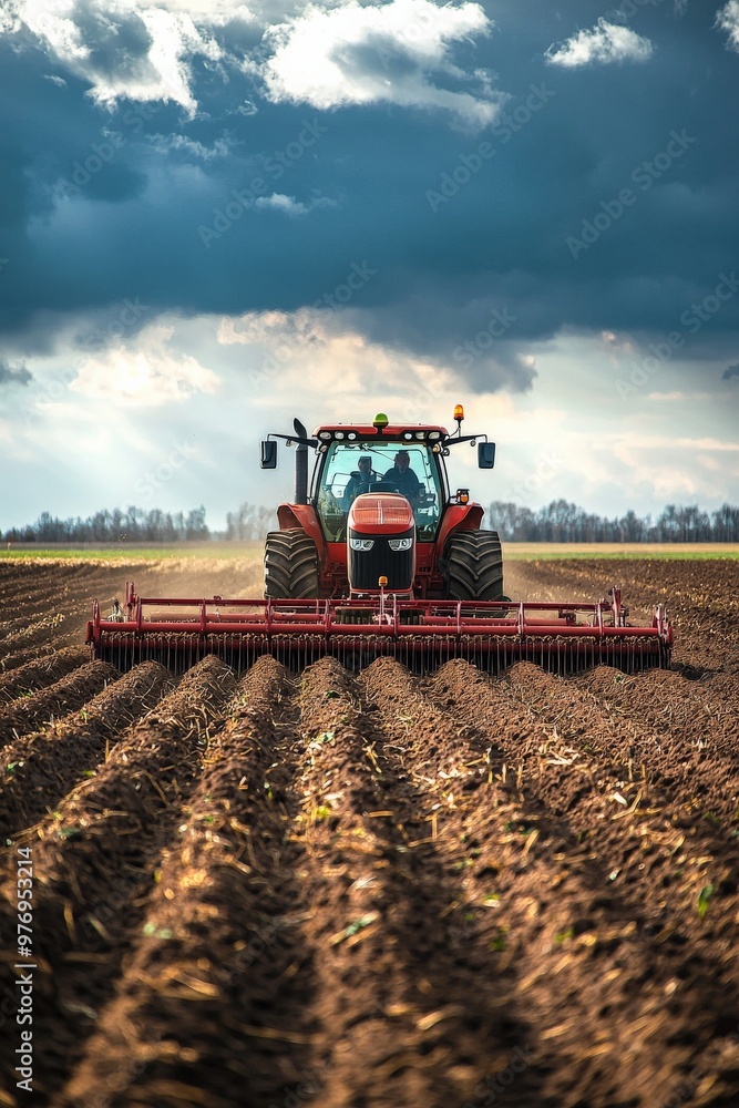 Fototapeta premium Autonomous tractor plowing a field with advanced agricultural technology
