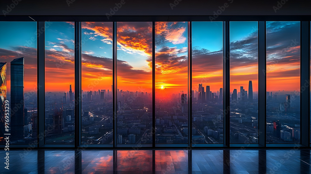 A panoramic view of a city skyline at sunset, seen from a high-rise building window. A panoramic view of a city skyline at sunset, seen from a high-rise building window.