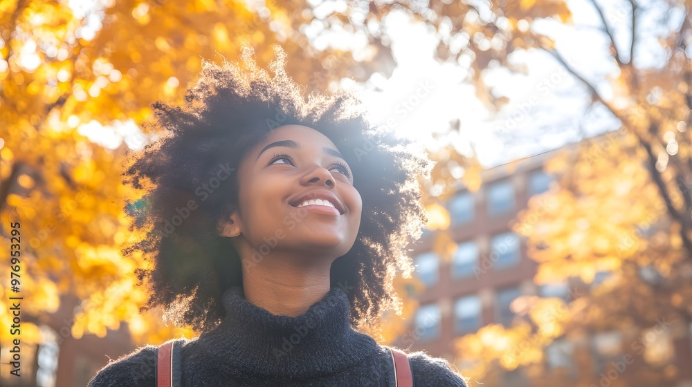 A photograph of an African American female student smiling and looking up at the sky on a college campus A photograph of an African American female student smiling and looking up at the sky on a college campus