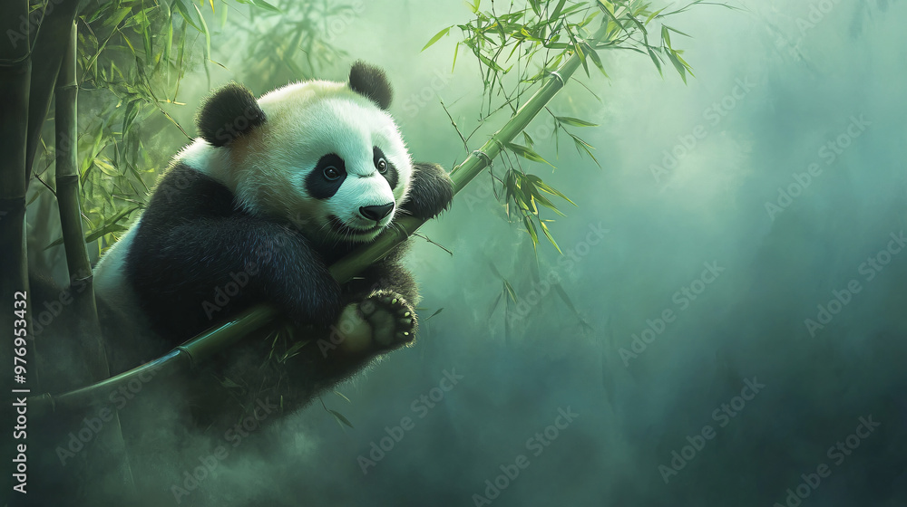 Fototapeta premium A giant panda playing with a bamboo branch.