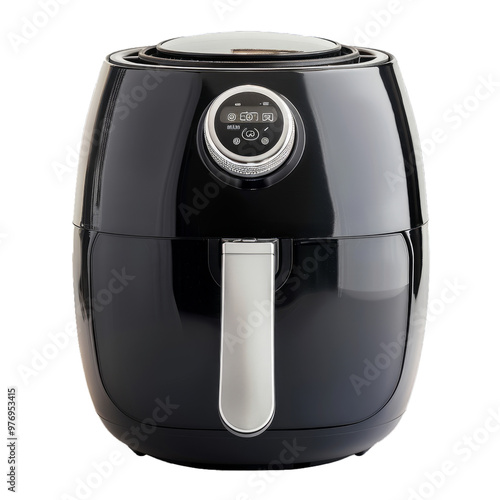 Modern technology of cooking presenting new air fryer with digital display standing on white background in studio