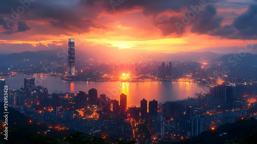 A panoramic view of a city skyline at sunset, with a large body of water in the foreground and mountains in the background