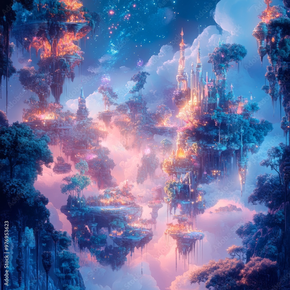 Fototapeta premium Fantasy Floating Island Cityscape with Magical Lights and Stars