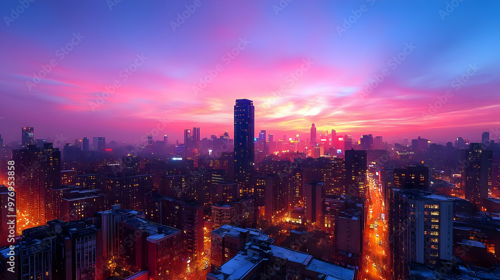 Fototapeta premium A panoramic view of a city skyline at sunset, with tall buildings, street lights, and a vibrant sky in shades of pink, orange, and purple.