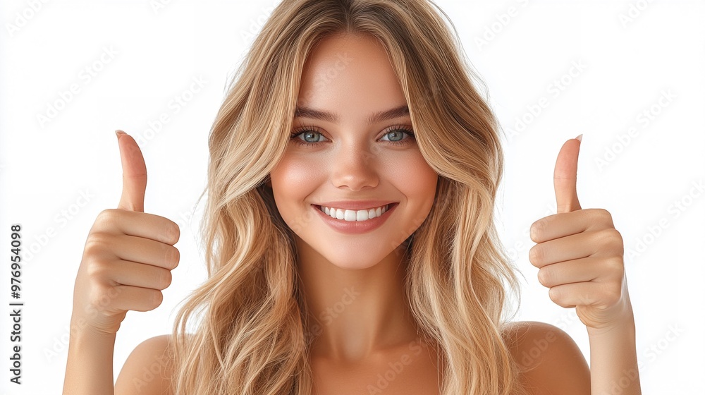 Radiant Confidence: A cheerful blonde woman beams with positivity, flashing a double thumbs-up against a clean white backdrop. Radiant Confidence: A cheerful blonde woman beams with positivity, flashing a double thumbs-up against a clean white backdrop.