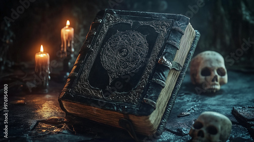 dark leather bound book with arcane symbols, open to reveal dark magic spells