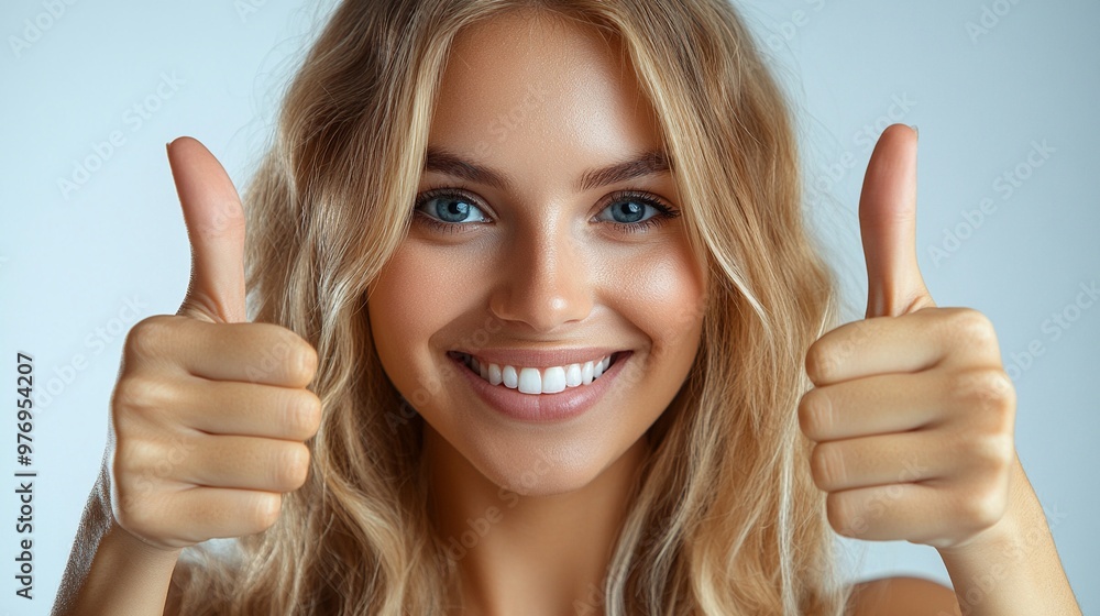 Thumbs Up: A radiant woman with captivating blue eyes and a dazzling smile gives a confident double thumbs up, radiating positivity and optimism. Thumbs Up: A radiant woman with captivating blue eyes and a dazzling smile gives a confident double thumbs up, radiating positivity and optimism.