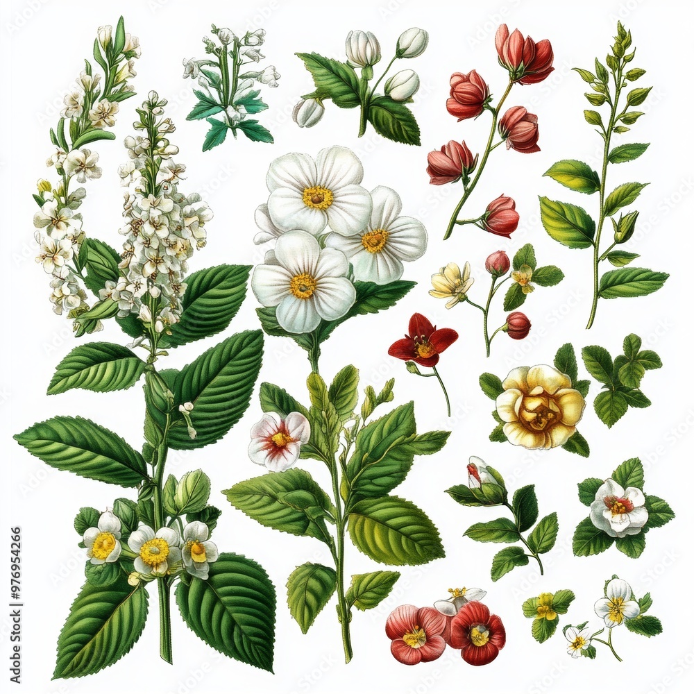 Obraz premium Botanical Illustration White Red and Yellow Flowers with Green Leaves