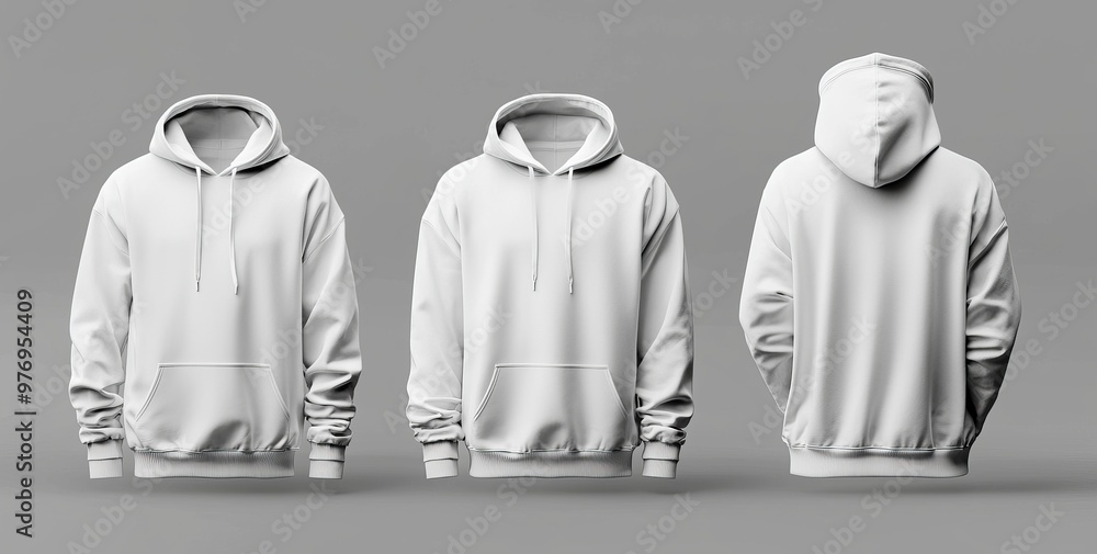 Front and back views of a stylish hoodie sweater set on a white background. Front and back views of a stylish hoodie sweater set on a white background.