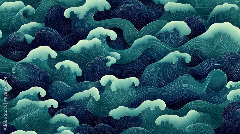 Blue and green Seigaiha pattern with a focus on flowing, dynamic ocean waves Blue and green Seigaiha pattern with a focus on flowing, dynamic ocean waves