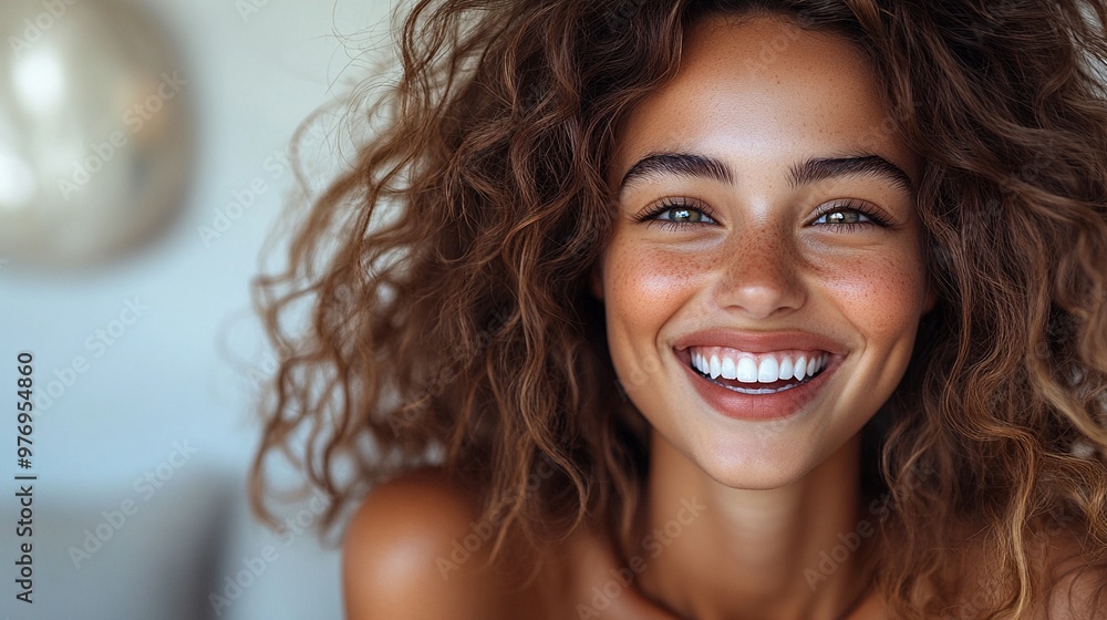 Radiant Beauty: A closeup portrait of a woman with natural, glowing skin and an infectious smile, showcasing her authentic beauty and radiant confidence. Radiant Beauty: A closeup portrait of a woman with natural, glowing skin and an infectious smile, showcasing her authentic beauty and radiant confidence.
