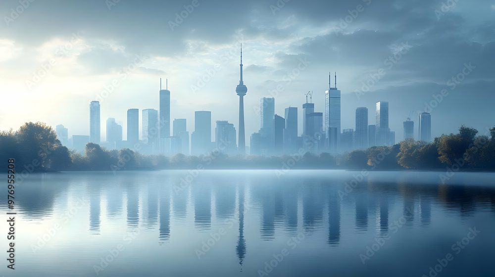 A panoramic view of a city skyline with a lake in the foreground, with misty conditions and a cloudy sky. A panoramic view of a city skyline with a lake in the foreground, with misty conditions and a cloudy sky.