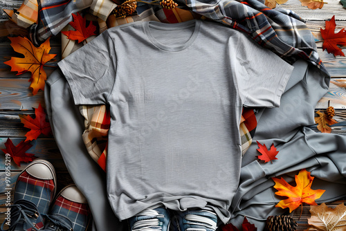 Mockup of a Fall Grey T-Shirt, T-shirt mockup with blue jeans and fall leaves, Blank Shirt Template