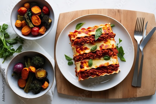 Delicious Layered Lasagna with Roasted Vegetables against White Background