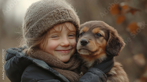 A happy child gently pettin...