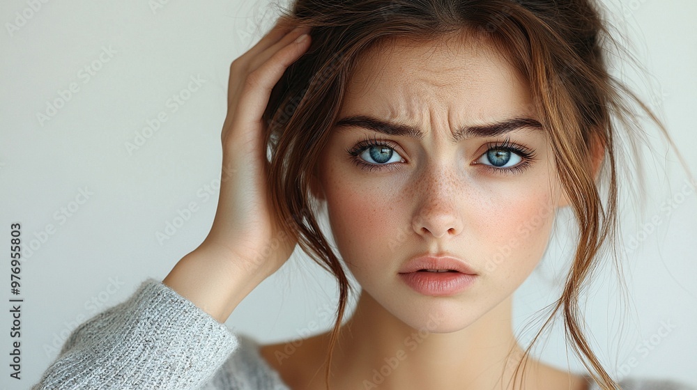 Lost in Thought: A young woman with piercing blue eyes, her brow furrowed in deep contemplation, grapples with a challenging thought. Lost in Thought: A young woman with piercing blue eyes, her brow furrowed in deep contemplation, grapples with a challenging thought.