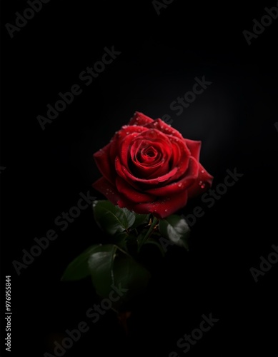 Wallpaper Mural A single red rose with water droplets on its petals, isolated against a black background. Torontodigital.ca