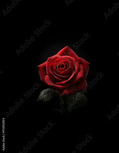 A single, crimson rose blooms against a dark background, its petals unfurling in soft light.