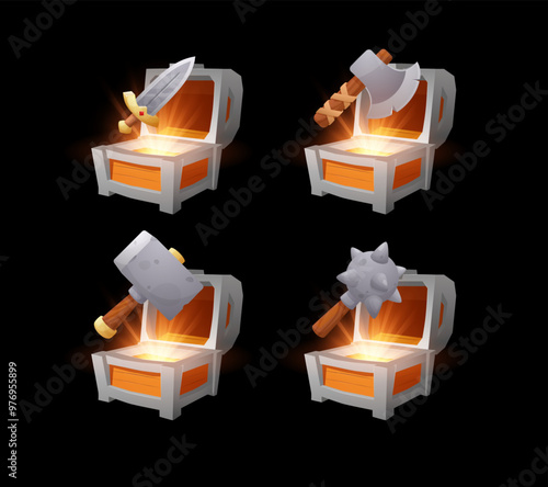 Set of opened wooden chests with different weapons flat style
