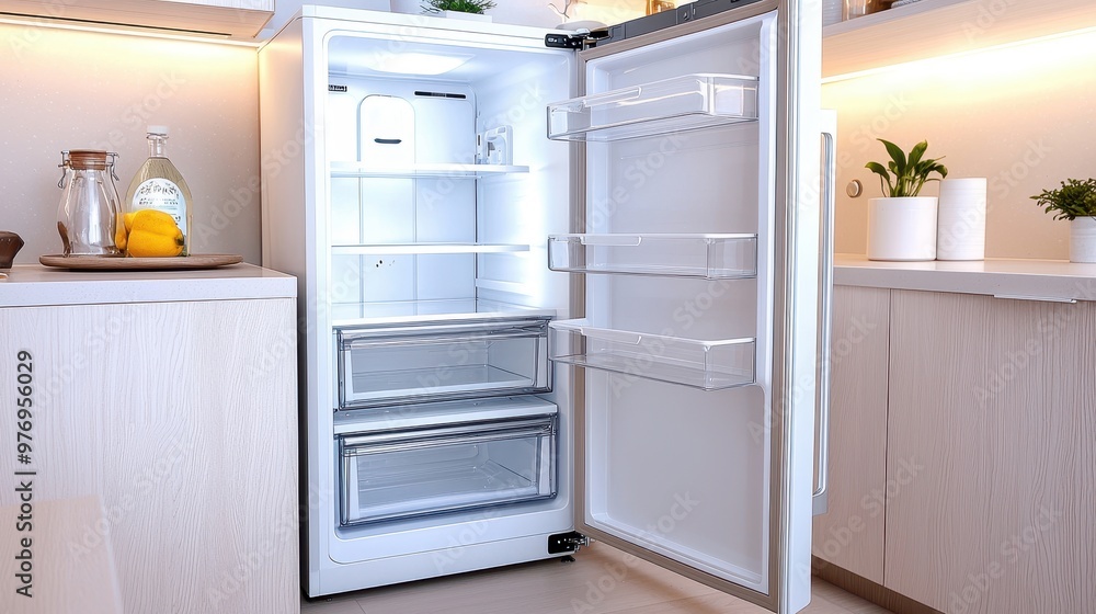 Fototapeta premium Empty Modern White Refrigerator with Open Door in Kitchen