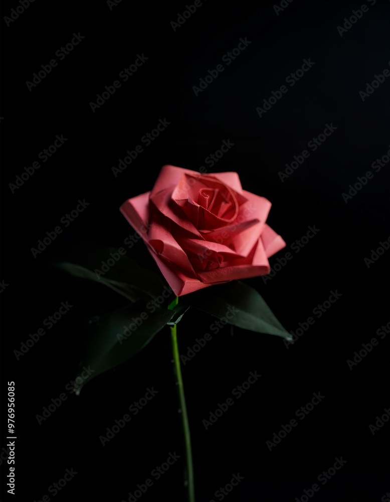 A single pink origami rose with a green stem and leaves stands out against a black background.