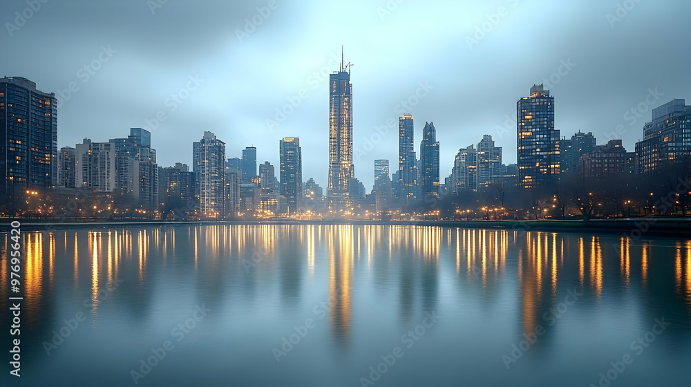 Obraz premium A panoramic view of a city skyline with skyscrapers reflected in a calm lake at dusk.