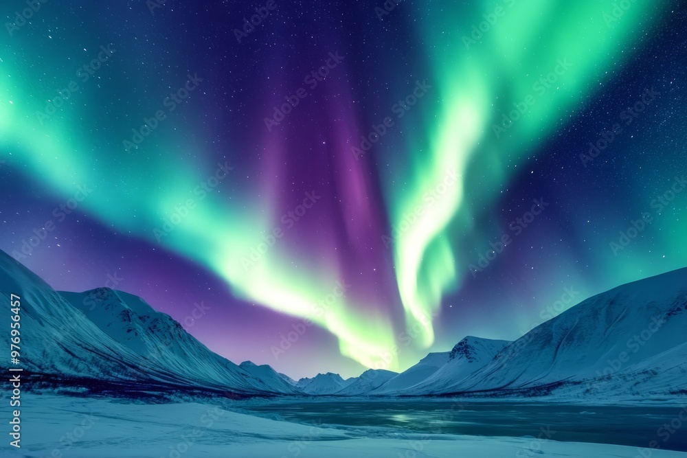 Naklejka premium Aurora Borealis in the night sky, beautiful northern lights with green and purple colors dancing over snow-capped mountains.