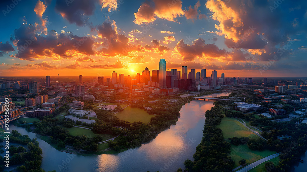 A panoramic view of a city skyline with skyscrapers, a river, and a sunset in the background. A panoramic view of a city skyline with skyscrapers, a river, and a sunset in the background.