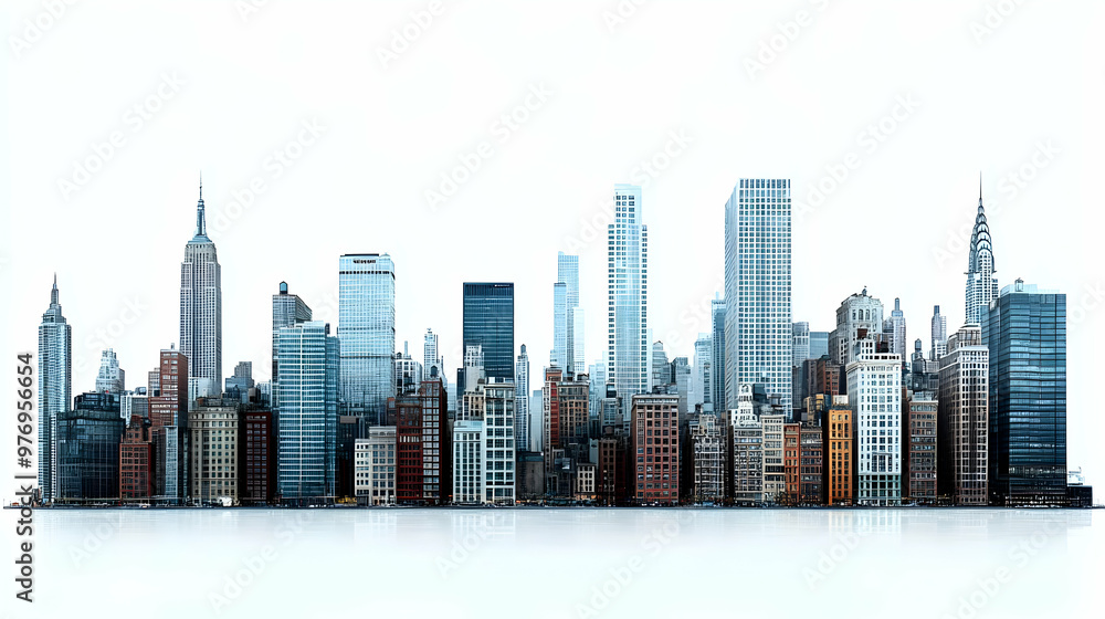 Fototapeta premium A panoramic view of a city skyline with skyscrapers, buildings, and a reflection on the water.