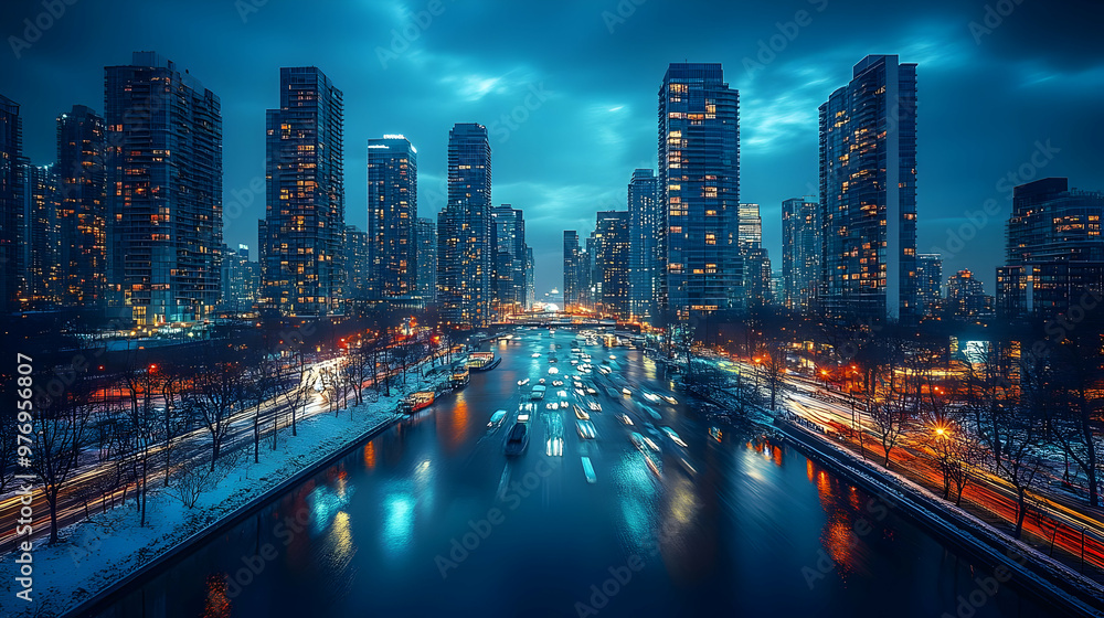 Obraz premium A panoramic view of a city skyline with tall buildings illuminated at night, with a river and bridge in the foreground, snow-covered ground, and a cloudy sky.