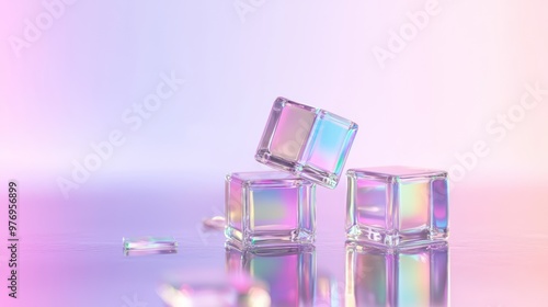 Elegant Futuristic Hand Balancing Iridescent Cubes on Reflective Surface, Generative AI